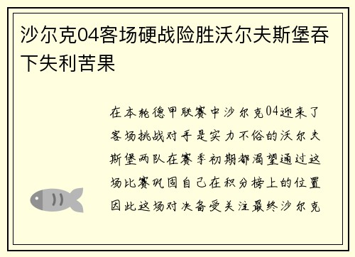 沙尔克04客场硬战险胜沃尔夫斯堡吞下失利苦果