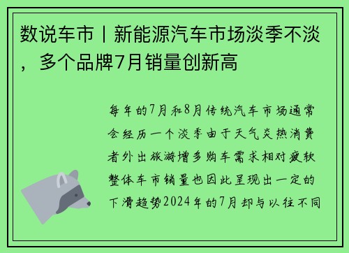 数说车市丨新能源汽车市场淡季不淡，多个品牌7月销量创新高